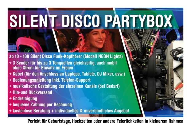 Kopfhörerkonzert, Kopfhörer Konzert, Silent Concert, Silent Disco, Silent Party, Kopfhörer Party, Kopfhörer Events, Silent Disco Equipment, Silent Disco mieten, Silent Disco kaufen, Silent Party Kopfhörer, Silent Partybox